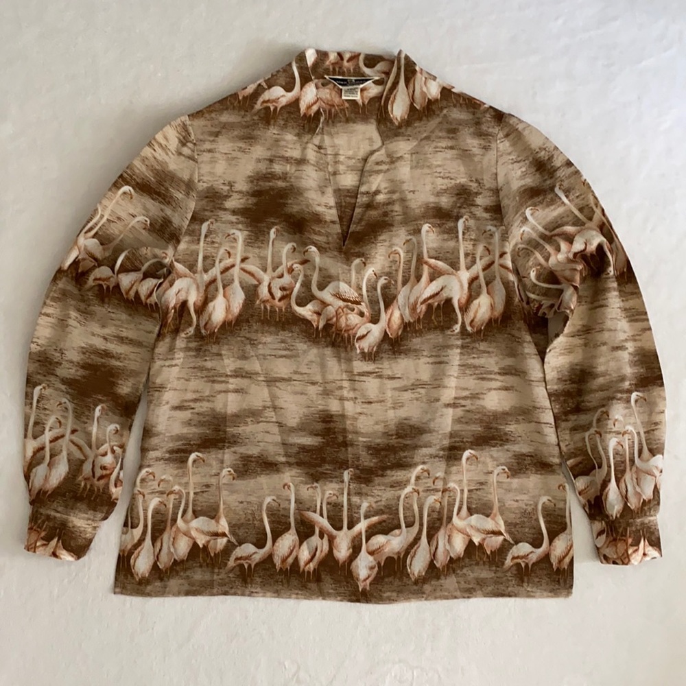 {VTG} Alex Colman Sportswear | 70s Flamingo Print Lightweight LS Pullover Blouse